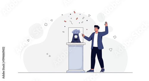 Man celebrating achievement next to a trophy on display pedestal with confetti falling