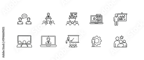 Set of outline icons for business presentations and teamwork with speakers audiences and laptops showing data analysis and collaboration for corporate meetings