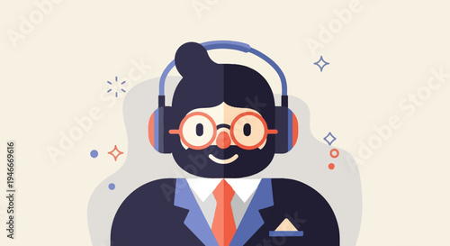 Animated person with headphones and glasses, wearing a suit and tie
