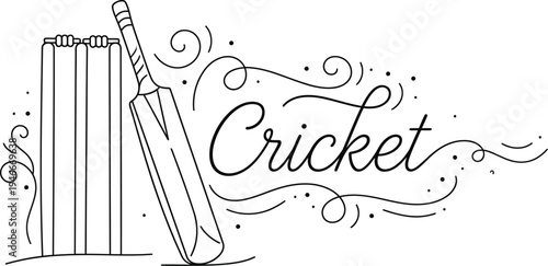 Vector graphic illustration of cricket bat and wickets with decorative design elements and the word Cricket