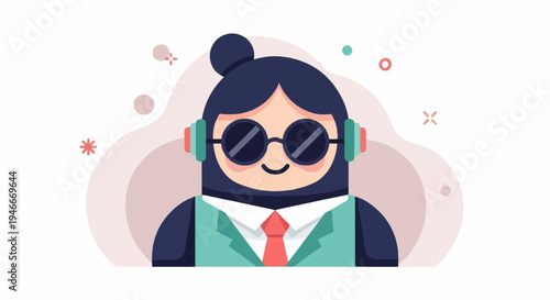 Animated person with headphones and sunglasses, wearing a suit and tie