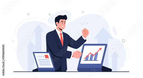 Businessman celebrating success with rising graph on laptop screen, business growth concept