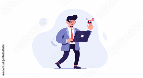 Animated man in suit with laptop and interactive data visualization icons