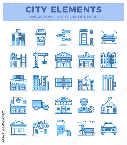 Collection of blue line art city elements icons on white background.
