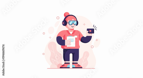 Animated person with headphones, glasses, and tablet, holding play button