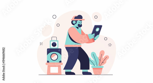 Animated person with headphones holds a tablet, near speakers and plants