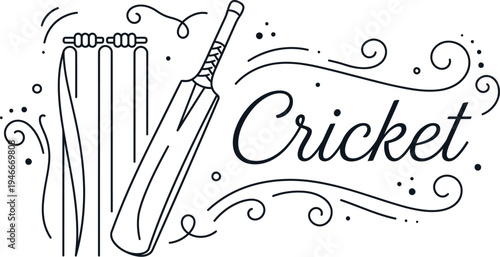 Vector graphic illustration of cricket bat and wickets with decorative swirls and text