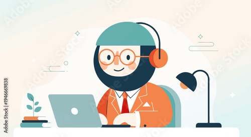 Animated man with beard, glasses, headphones, and laptop at desk