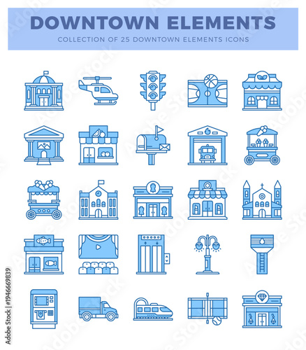 blue line art icons representing downtown city elements. isolated on white.