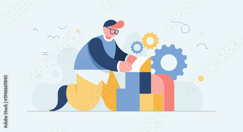 Animated person works with abstract gears and shapes, creative process