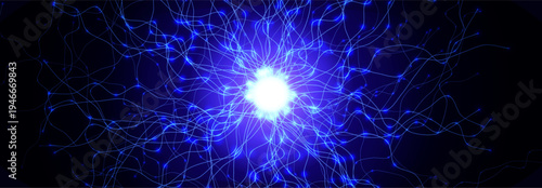 Brain Neural Network Flash AI Data Flow Technology Background Digital Net, Scientific Research. Science Medical Health Tech Banner. Nervous System Structure, Glowing Fractal. Vector Illustration