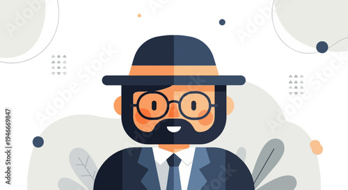 Animated portrait of a bearded man in a suit, hat, and glasses