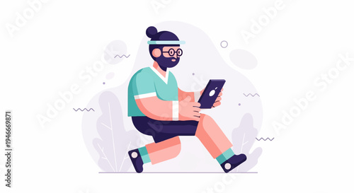 Animated man with beard running with a tablet