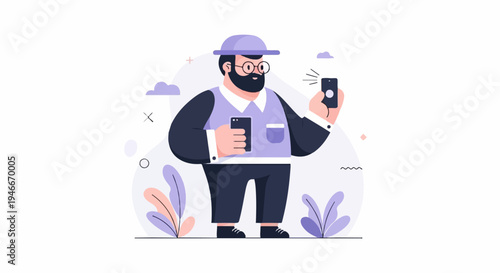 Animated man with beard, glasses, hat, holding two phones, taking picture