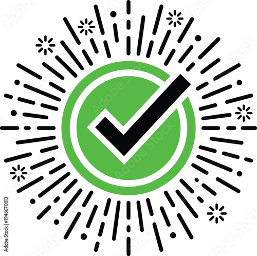 Green checkmark symbol with dynamic black lines and dots vector graphic design