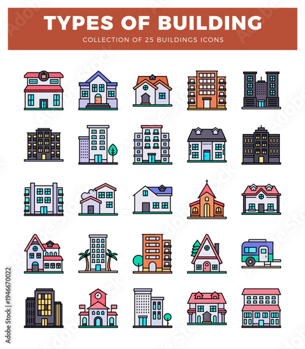 Flat icons of diverse buildings. including houses. apartments. and offices. arranged in a grid.
