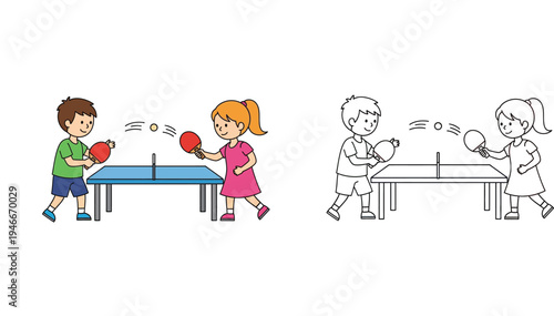 Cute cartoon children boy and girl playing table tennis or ping pong. Includes colorful illustration and black and white line art coloring page version.