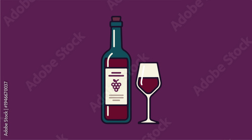 Red Wine Bottle and Glass on Purple Background.