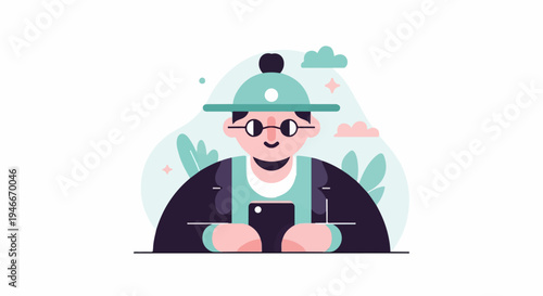 Animated person in hat looking at smartphone surrounded by abstract plants and clouds