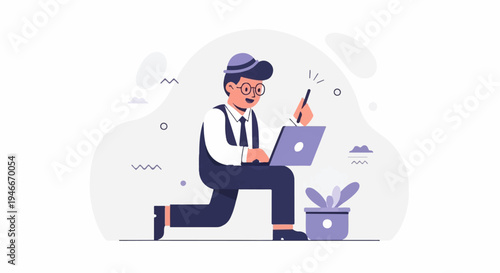 Animated person in hat and glasses works on laptop, holding stylus