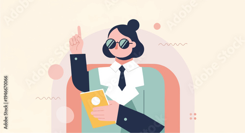Animated figure in glasses, suit, holding book, pointing upwards