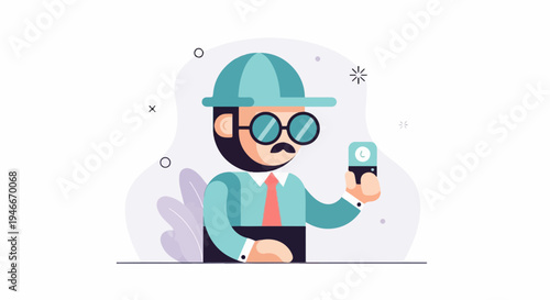 Animated man with hat, glasses, and mustache holds device