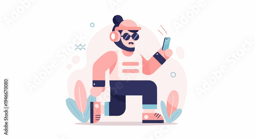 Animated man with headphones and phone, mid-stride, surrounded by abstract shapes