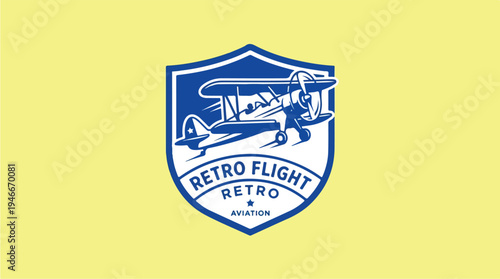 Retro Flight Aviation Biplane Emblem Logo Design.