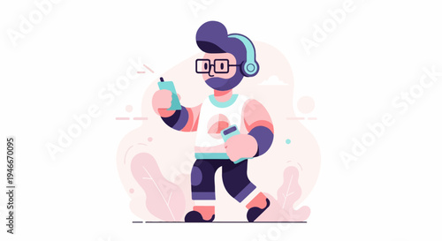 Animated man with headphones and two phones, walking amidst abstract shapes