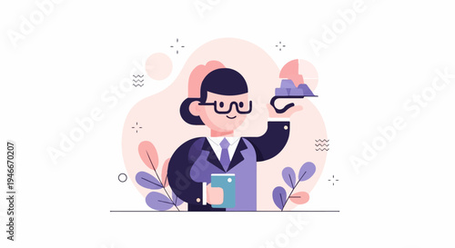 Animated woman in business attire holds tray with geometric shapes