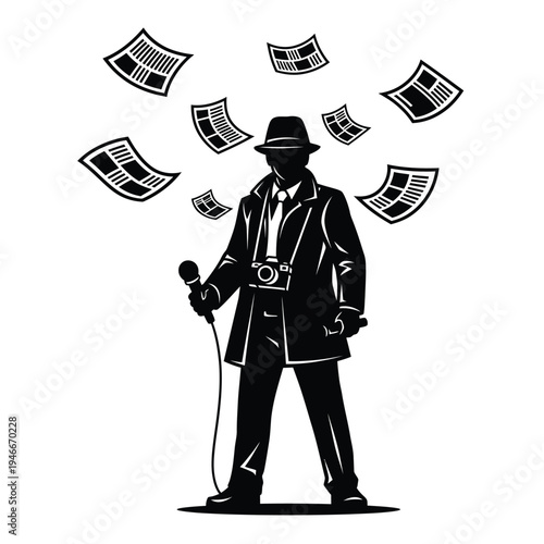 Black and white illustration of a journalist with a microphone and camera surrounded by flying newspapers