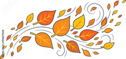 Colorful autumn leaves flying through the air in a whimsical vector illustration