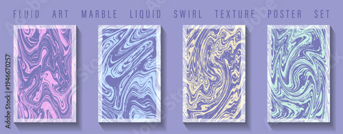 Marbled patterns resembles fluid paint or liquid ink swirling texture. Fluid art acrylic pour technique vector imitation. Four separate canvases or posters stylish design. Marble backgrounds bundle.