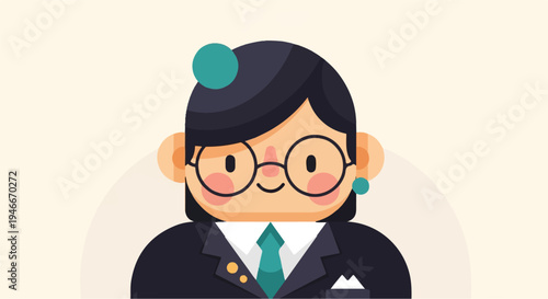 Animated woman with glasses, suit, and tie, adorned with jewelry