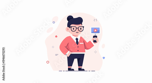 Animated person holding a video camera with play button, stylized
