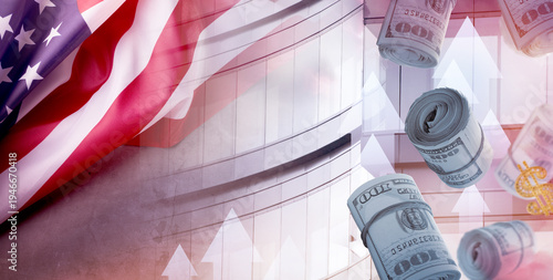 American Tariffs concept. US government taxes or tariff war policy to increase USA economy. Flag of United States of America and dollar bills against dark background