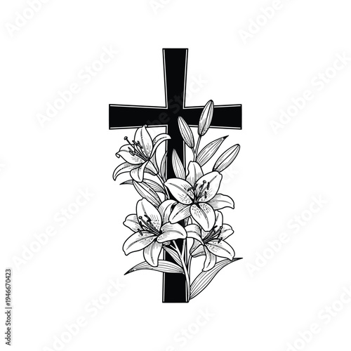 Black cross with white lilies flowers on white background