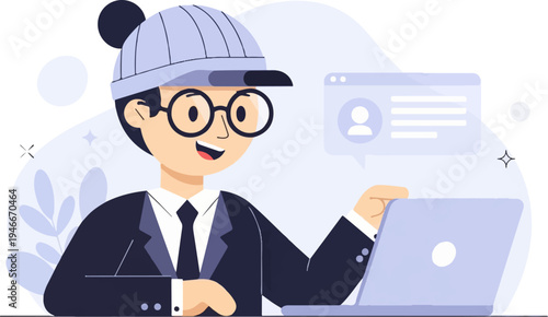 Animated person in business attire with a cap and glasses using a laptop