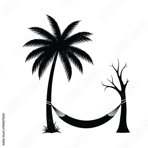 Black silhouette of hammock between palm tree and bare tree on white background