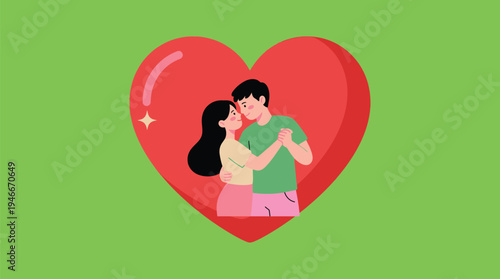 Loving couple embracing in front of a large red heart symbol