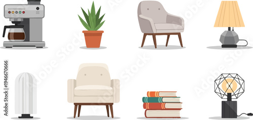 An assortment of home decor items including a coffee maker, plant, chairs, books, and lamps