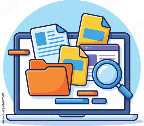 Colorful vector illustration of a laptop with files and a magnifying glass