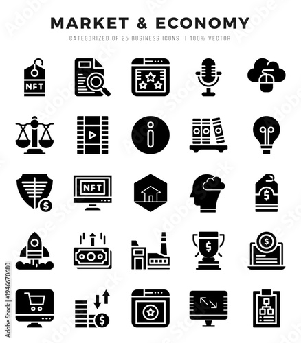 Set of Market & Economy Icons. Simple Glyph art style icons pack.