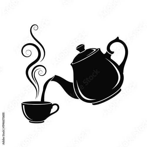 Black silhouette of teapot pouring steaming hot water into cup
