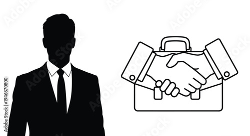 Businessman silhouette with briefcase and handshake graphic illustration