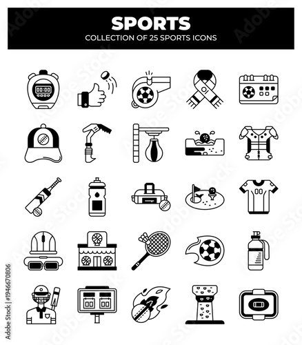 Collection of 25 Sports Icons. A Visual Guide to Various Sports and Their Equipment