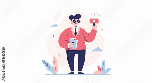 Animated person in formal attire holding a document and a microphone