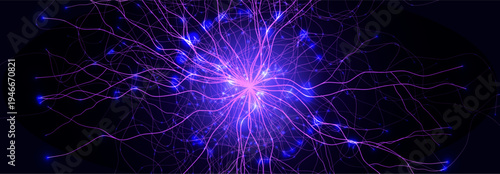 Neuron Firing Human Brain Neural Network Innovate Science Technology Background. Medical Neurology Bio Tech Scientific Research Banner Flash Glow Fractal. Blue AI Digital Net. Vector Illustration