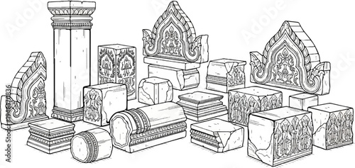 Ancient stone architectural fragments featuring intricate carvings and detailed ornamentation