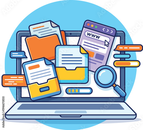 Colorful vector illustration of a laptop with files and documents spilling out